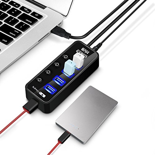 4 Port USB 3.0 Hub, ELEGIANT High Speed Switch USB 3.0 Datenhub 4 Port Hub Adapter Verteiler Datenübertragung Power mit mit 1 Ladeport(Max 2.4A) und 4 Schaltern 5Gbps Data Transfer Ports Splitter AC Power Adapter für Win7/8/10 PC Mac Macbook Laptop Notebook Windows MAC iPhone, iPad, Samsung, Motorola, HTC und andere USB 3.0 kompatiblen Geräten (mit Netzteil) - 2