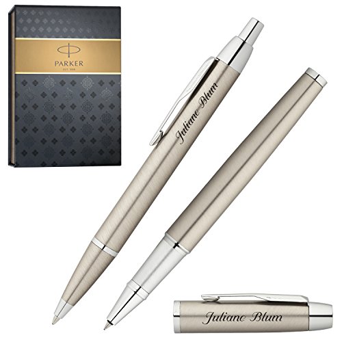 PARKER Schreibset IM mit Edelstahl-Optik C.C. mit persönlicher Laser-Gravur Tintenroller und Kugelschreiber im großen Geschenk-Etui