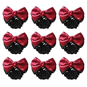 MOTZU 9 Pieces Bowknot Snood Net Barrette Hair Clip Bun Cover Hairnet Lace Bow Decor for Woman, Red