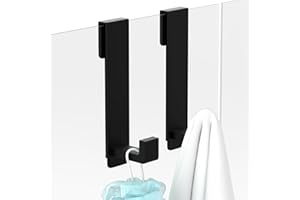 WUIVIUT L-Shape Heavy-Duty Stainless Steel 7.5 Inch Over The Glass Door Shower Hooks - Towel Hooks for Frameless Shower Glass Door with Secure Grip for Robe, Towels Shower Essentials (2-Pack, Black)