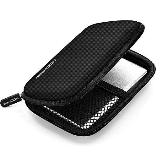deleyCON Festplattentasche / Festplatten Case / HDD Case – für 2.5 Zoll Festplatten und SSD – Robust & Stoßsicher – 2 Innenfächer / Netztaschen – Schwarz - 2