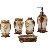 Un conjunto de accesorios para baño familiar que es perfecto para guardar tus artículos de tocador y agregar estilo a la barra de tu baño.