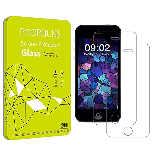 2 Pack Protection écran iPhone SE/5S/5/5C, POOPHUNS Film Protection en Verre Trempé iPhone SE/5S/5/5C, Ultra Résistant, Dureté 9H, Sans Bulles, Ultra Transparente