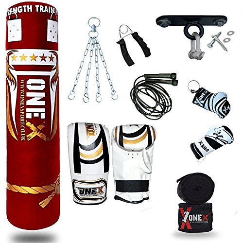 New 5FT Filled Heavy 13 Peices Punch Bag Set Chains Bracket Punching Gloves, Ceiling Hook for Training Fitness Water proof Bag MMA (Red)