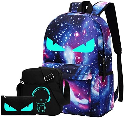Boys Girls Luminous Backpack Oxford Textile School Bag Galaxy Backpack + Shoulder Bag + Pencil Case (Blue (Luminous Eyes), Large (13.6"L x 6.3"W x 19.3"H))