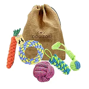 Dogitos Cotton Rope Toys Combo For Dogs and Puppies Hand-Braided Ring Chew Toys, Knotted Cotton Ball, Tug Toy with Ball, Carrot Chew Toy, Knotted Cotton Dumbbell Toys for Medium and Large Dogs (Multicolor) (Pack of 5)