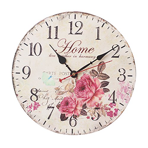 Happy Fd Vintages Shabby Chic Pastell rundes Holz Wand Retro Wanduhr (Blume)