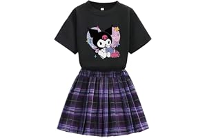 Satdflie Kuromi tecknade flickor Jk skoluniform set kortärmad t-shirt och rutig veckad minikjol 2-delat set