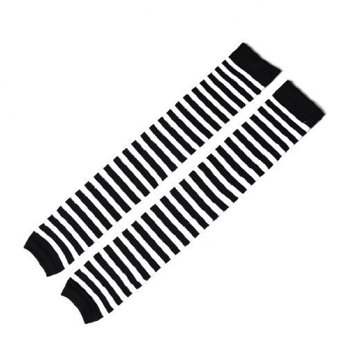 Miki&Co Lady White Black Striped Pattern Knee High Socks Knit Leg Warmers