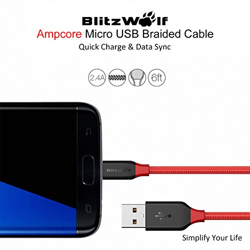 Micro USB Kabel, BlitzWolf 2.5m Nylon Datenkabel Micro USB Android Ladegerät mit Klettverschluss für Android, Samsung Galaxy S7 Edge / S6 / S5 / S4, Hinweis 5/4/3, HTC M9, Xperia Z3 Z2 , Moto X, LG, Sony, Nokia, Tablets, Power Bank (Rot & Schwarz) - 2