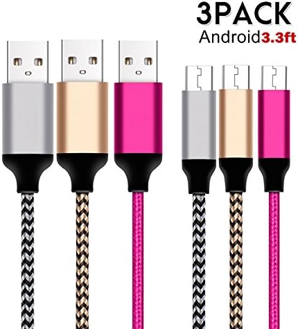 Android Charger Cables FoolerHome (3-Pack 3.3ft/1m) 2.4A High Speed Samsung Charger | Premium Micro USB to USB Cable Nylon Braided | Data,Sync + Charging Cable | Aluminium plug | Android,Samsung,HTC,Motorola,Nokia,LG,HP,Sony,BlackBerry(Silver Gold Pink)