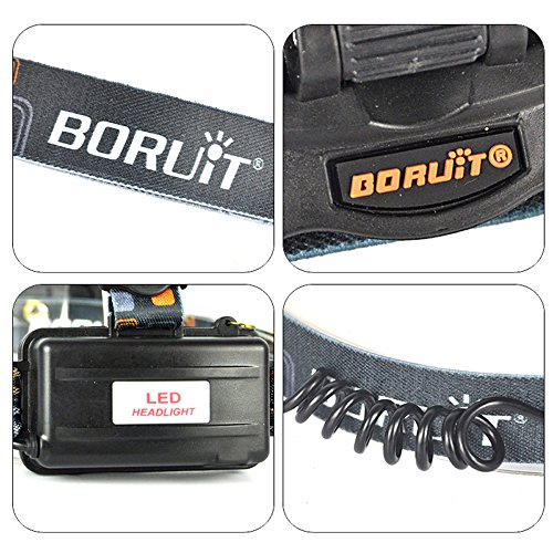 Boruit XML-T6 LED -LED Stirnlampe, LED Kopflampe mit Rotlicht für Camping, Laufen,Lesen,Fahrrad,Jagd,Angeln.mit 2*18650 Wiederaufladbare Akkus+Ladegerät+Car Charger+USB-Kabel - 7