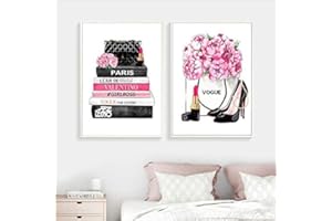 ASASI9 Magazine de Mode Wall Art Prints Talons Hauts et Rouge à lèvres Vogue Photo Affiche Rose Fleurs Toile Peinture Filles Chambre Home Decor 40x60cmx2 sans Cadre