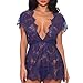 Produktbild MOIKA Damen Lace Nachthemd, New Women Sexy Lingerie Lace Babydoll Deep V Neck Sleepwear Short Sleeve Underwear(S,Blau)