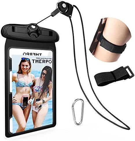 Waterproof phone Case, THERPO Cellphone Dry Bag Underwater Pouch with Detachable Ring Neck Strap Lanyard ✚ Carabiner ✚ Armband for Apple Android iPhone Samsung Up to 6.3" Diagonal -Black [2017 upgraded Design]
