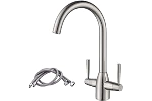 NewEast Kitchen Taps,Modern Double Handle Kitchen Mixer Sink Tap Swivel Spout Brushed Nickel
