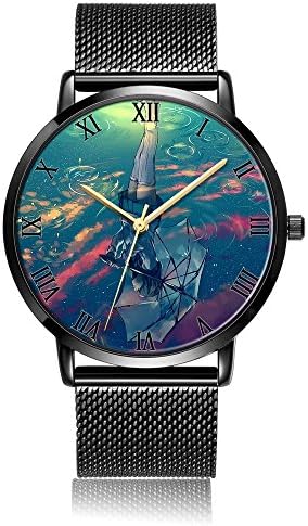 [KOSUNG] Anime Art Wrist Watch, Customized Unisex Waterproof Stainless Steel Wrist Quartz Watch with Black Silver Steel Wrist Band for Business Casual Collection Purpose
