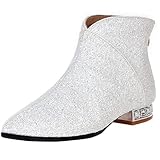  Artfaerie Damen Flache Glitzer Stiefeletten mit Spitze und Hinten Reißverschluss Bequem Ankle Boots Winter Warm Schuhe(EU 41,Weiß)