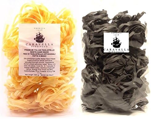 (Pack of 2 Save on shipping cost!) Caravella Premium Italian TAGLIATELLE NESTS Artisanal Hand Made Bronze Die Organic Pasta 500 gr + Permium Italian Black Squid Ink TAGLIATELLE NESTS Artisanal Hand Made Bronze Die Organic Pasta 500 gr Gourmet Fine Foods directly from Venice