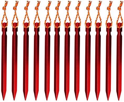 Tent Pegs, iRoundy 12 Pieces Aluminum Tent Stakes with Reflective Rope and Storage Pouch for Hiking Camping Beach Outdoor (Red)