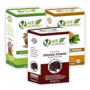 MR Ayurveda 100% Organic Shikakai Powder, Indigo Powder & Henna Powder for Hair - Set of 3 (100 Grams Each)