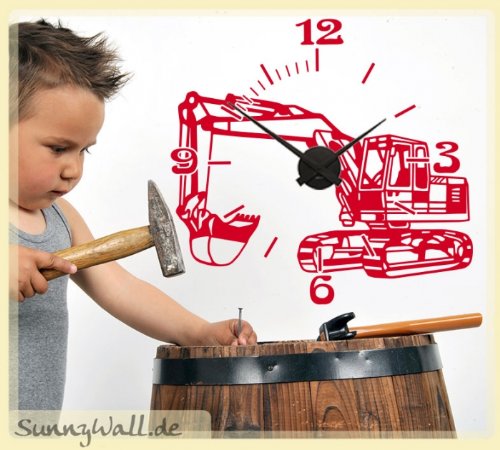 Wandtattoo Uhr KARLSSON Wanduhr Bagger Baufahrzeug Farbe Silbergrau