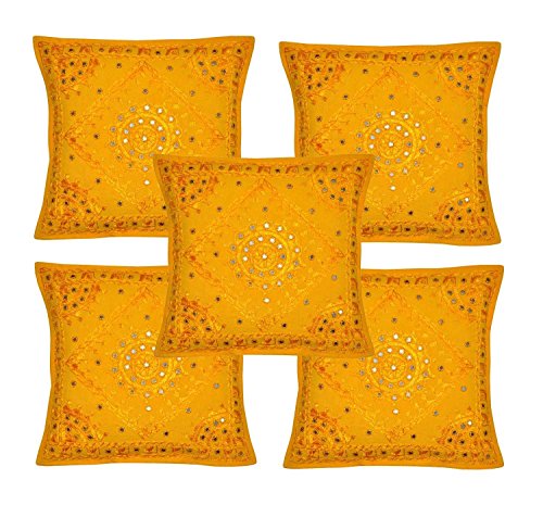 Indischen ethnischen Handgefertigtes Kissen mit Stickerei & Spiegel Arbeit 5 Stück, 43 X 43 Cm Cm gelb