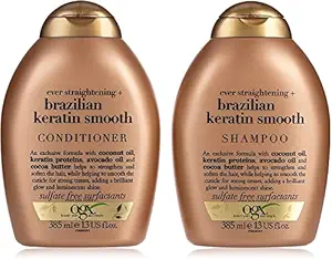 OGX Ever Straightening Brazilian Keratin Smooth Shampoo + Conditioner Combo |With Coconut Oil, Keratin Proteins, Avocado Oil & Cocoa Butter, For Dry, Curly, Frizzy & Fine hair, Sulfate Free Surfactants, No Parabens, 385 ml