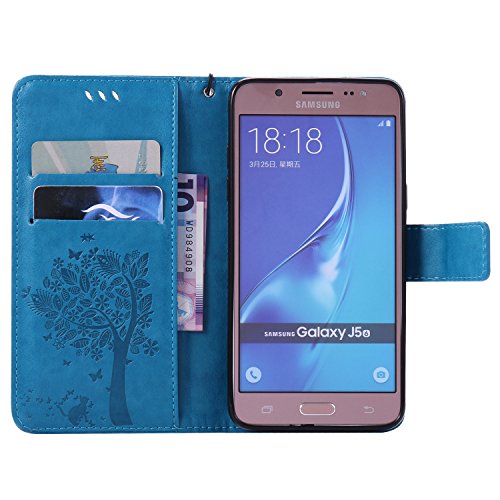 Samsung Galaxy J5 2016 Hülle Blau im Retro Wallet Design,Cozy Hut Samsung Galaxy J5 2016 Hülle Leadertasche Premium Lederhülle Flip Case im Bookstyle Folio Cover Kartenfächer Magnetverschluss und Standfunktion Leder Schale Etui für Samsung Galaxy J5 2016 / SM-J510 5,2 Zoll Handytasche Schutzhülle Katzen und Bäume Muster – blau - 2