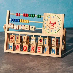 ADA Handicraft Wooden Multifunctional Abacus Learning Counting Calculator, Smiling Clock Alphabets Numbers Words Toy Learning Instrument for Kids