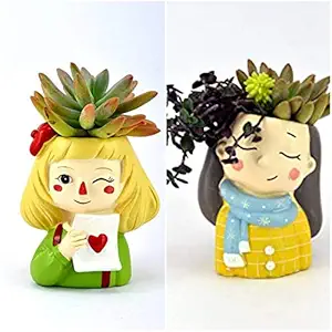 Brotherhood Enterprise Polyresin Dreaming Design Winter Wear Pot Heart Girl Imported Resin Pots Unique & Trendy Design Return Gifts Succulent Pots Pot Home Decor, Combo Pack of 2