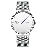 Souarts Herren Armbanduhr Einfach Mesh Metallarmband Casual Analoge Quarz Wasserdicht Datum Kalender Damenuhr Herrenuhr Silber Farbe