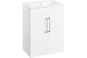 Yaheetech Bathroom Vanity with Ceramic Basin, Free Standing Cabinet with 2 Doors & Rectangular Sink, White Painted Bathroom Storage, 600mm