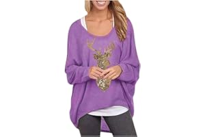 YEBIRAL Weihnachtspullover Damen Lose Asymmetrisch Jumper Pailletten Glitzer Weihnachten Rentier Gedruckt Sweatshirt Pullover Bluse Oberteile Oversize Tops T-Shirt