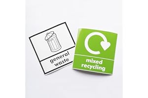 ASTON SAFETY SIGNS Recycling Stickers for Bins, General Waste and Mixed Recycling, Pack of 2 signs - 120mm x 120mm, Self-Adhesive labels