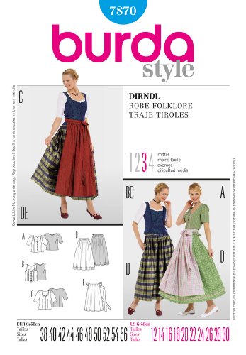 Burda Schnittmuster 7870 Dirndl,Traje Tiroles Gr. 38 - 56