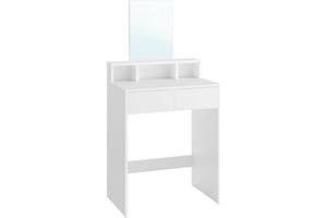 VASAGLE Toaletka z dużym lustrem, toaletka, 2 szuflady, 3 otwarte przegródki, toaletka nowoczesna, biała RDT103W01