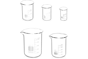 CUEMOON 5 Pezzi Becher Graduato in Vetro Borosilicato con Chiaro, 100 ml 50 ml 25 ml 10 ml 5 ml Beker Graduati Vetro Borosilicato per Laboratorio Esperimento Medicina