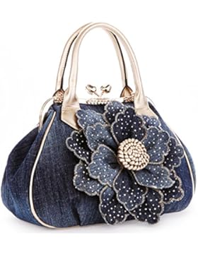 KAXIDY Damen Mädchen Denim Schultertaschen PU Leder Jeansstoff Henkeltaschen Damentasche Satchel Schulter Handtasche