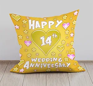DreamVio Happy 14th Anniversary Cushion, Gift Cushion for Husband, Wife,Couples, Friends on Birthdays & Anniversaries Color : Yellow (12 x 12 inch)