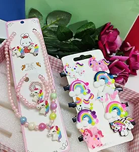 KIDOS JOY Naughty Unicorn Jewellery Set Combo / Necklace, Bracelet, Ring, Earrings Set with Unicorn Alligator Hair clip/ Birthday Party Outdoor accessories /Beautiful Unicorn Girls Combo) (BABY PINK)