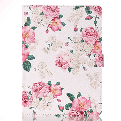 Etsue für Apple iPad Pro 9.7 Zoll [Rot Rose Blume] Ledertasche Case Hülle,Bunte Retro Painted Leder Schutzhülle Smart Case Ultra Slim Flip Folio Etui Tasche Leder Case mit Standfunktion Kartenfächer Magnetverschluss im Bookstyle für Apple iPad Pro 9.7 Zoll + 1x Glitzer Staub Stecker + 1x Blau Eingabestift