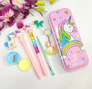Tera13 (Pack of 7 Items) Unicorn Combo Unicorn Stationary for School Unicorn Steel Pencil Box with Unicorn Glitter and led Pen Unicorn Pencil Sharpener Coin Pouch Eraser