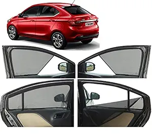 Autofact Half Magnetic Window Sunshades / Curtains for Tata Tigor [Set of 4pc - Front 2pc Half Without Zipper ; Rear 2pc Full with Zipper] (Black)