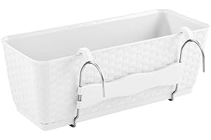 PAFEN Jardinera con almacenamiento de agua, jardinera para balcón, aspecto de ratán, color blanco, plástico con soporte de metal