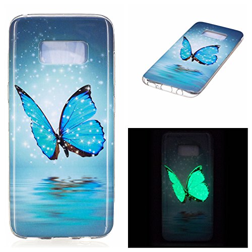Galaxy S8 Luminous Case, BONROY® Fluorescent Effect Night Glow In The Dark Transparent Ultra-Thin Soft Gel TPU Silicone Bumper Case Stylish Unique Colourful Printed Pattern Design Anti-Scratch Shock Absorption Protective Case Cover for Samsung Galaxy S8 - Blue butterfly