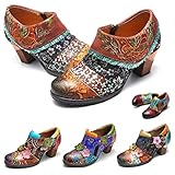  gracosy Damen Mokassins, Leder Pumps Bunte Schuhe Stiefeletten mit Absätzen 2019 Frühling Sommer Blumen Handgefertigte Vintage Halbschuhe Stickerei Patchwork Reißverschluss Sandalen - Braun Blau Rot