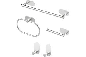 Sarsumir Accessori Bagno Set Di 5 - Porta Asciugamani Bagno Adesivo, Porta Carta Igienica, Anello Portasciugamani, Ganci Adesivi, Argento