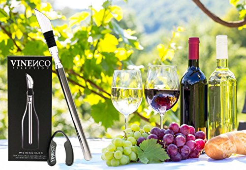Weinkühler von VINENCO + Folienschneider, Edelstahl-Stopper & Aufbewahrungsbeutel – Premium 3-in-1 Flaschenkühler mit Dekantier-Ausgießer und Edelstahl-Kühlstab - 3