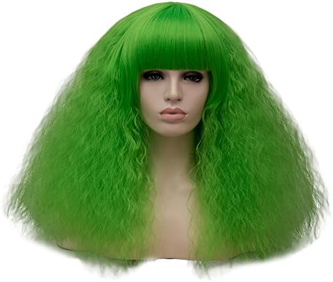 TOP-MAX Grass Green Medium 18" Afro Curly With Bangs Heat Resistant Cosplay Wig Fancy Lolita + Wig Cap